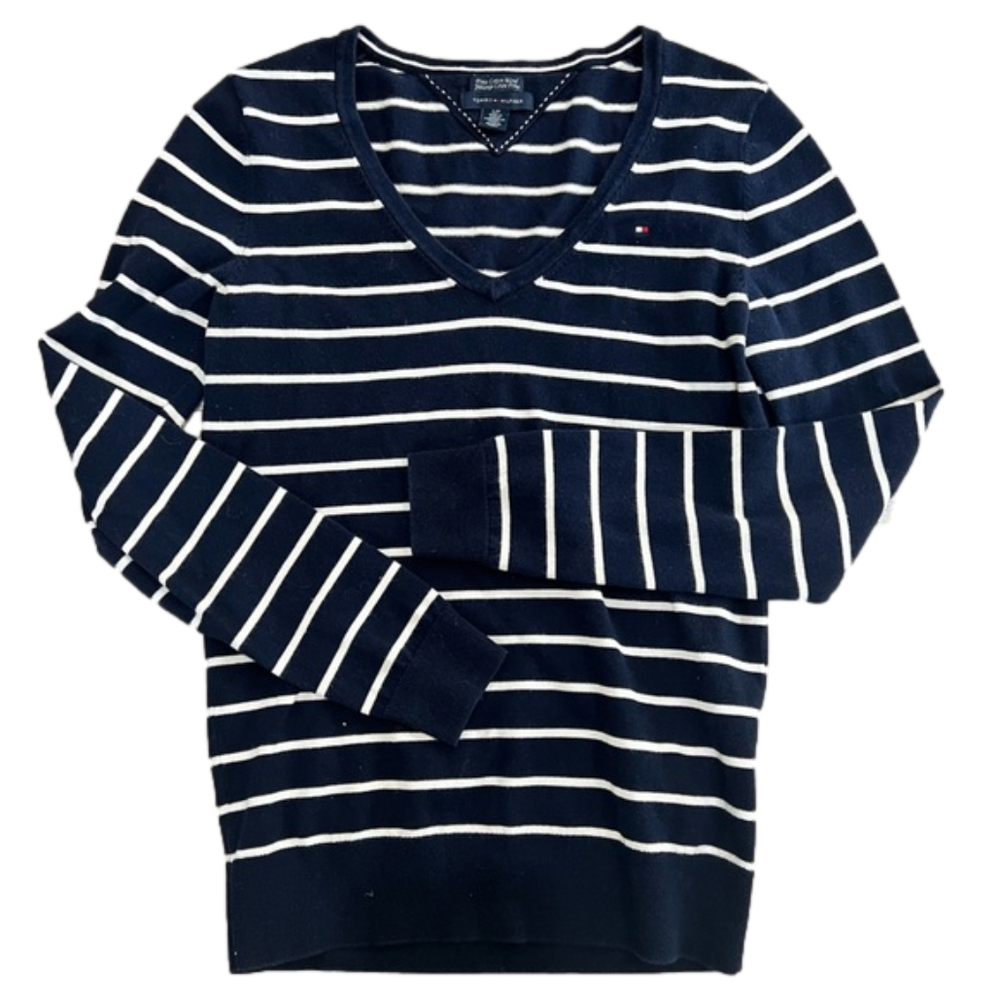 Tommy Hilfiger Navy Blue and White Striped Long Sleeve V Neck Sweater Size Small